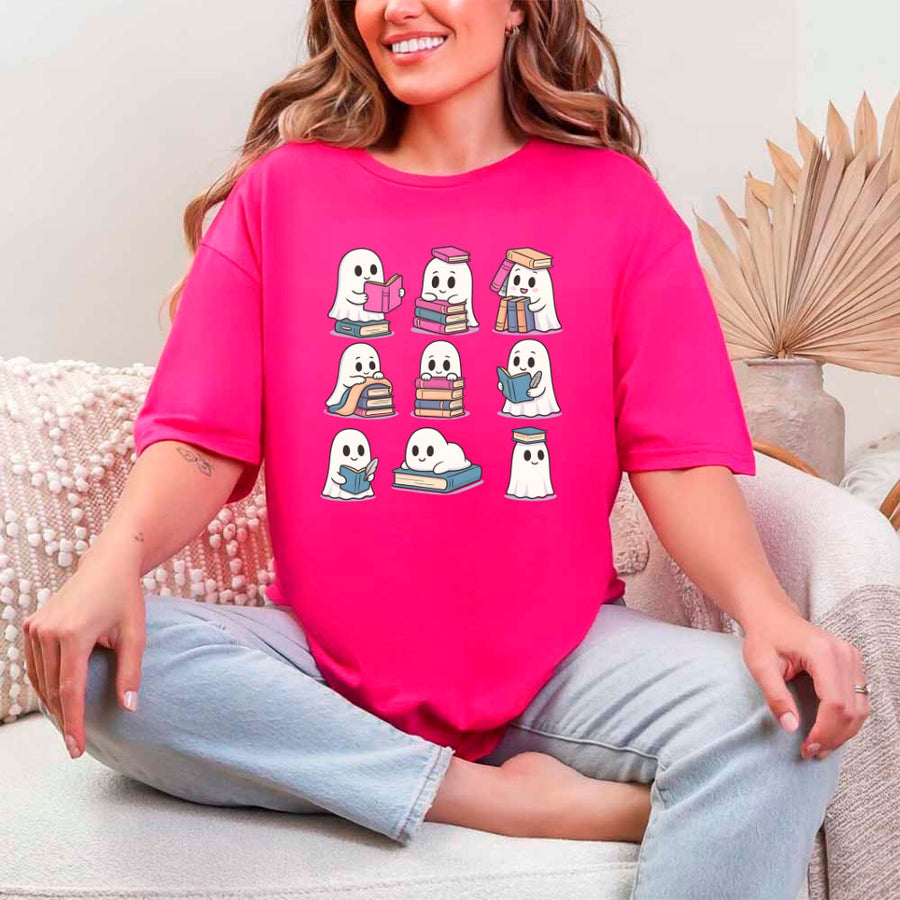 May include Ghost Reading Halloween shirt with cute ghost reading a book graphic, classic unisex fit, and soft cotton fabric