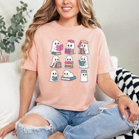 May include Ghost Reading Halloween shirt with cute ghost reading a book graphic, classic unisex fit, and soft cotton fabric