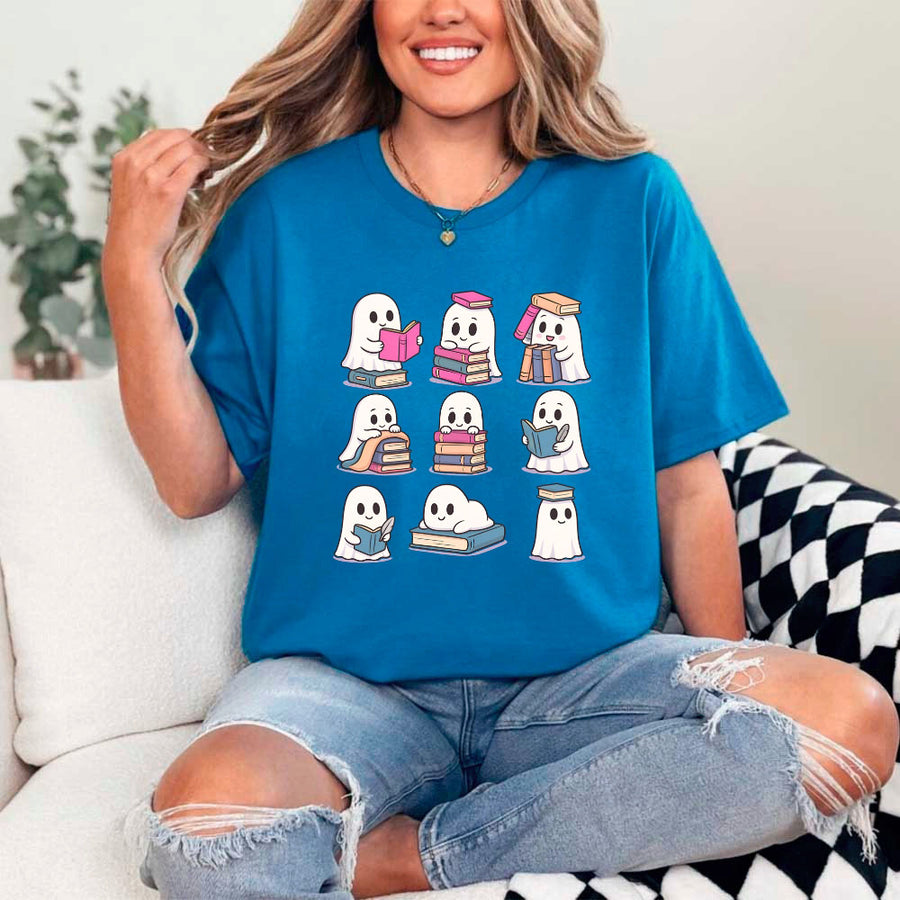 May include Ghost Reading Halloween shirt with cute ghost reading a book graphic, classic unisex fit, and soft cotton fabric