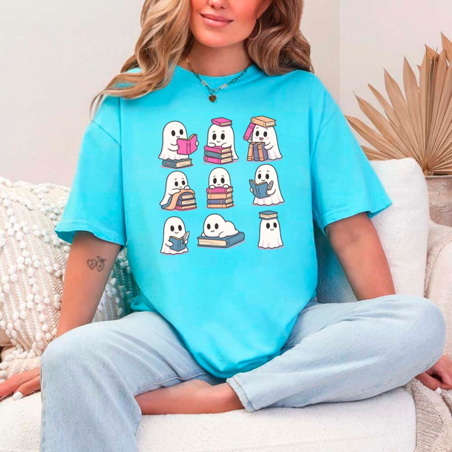 May include Ghost Reading Halloween shirt with cute ghost reading a book graphic, classic unisex fit, and soft cotton fabric