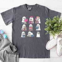 May include cute ghost book lover design with kawaii ghosts reading books, stacking books, and sitting on colorful piles of books – spooky Halloween reading graphic tee.