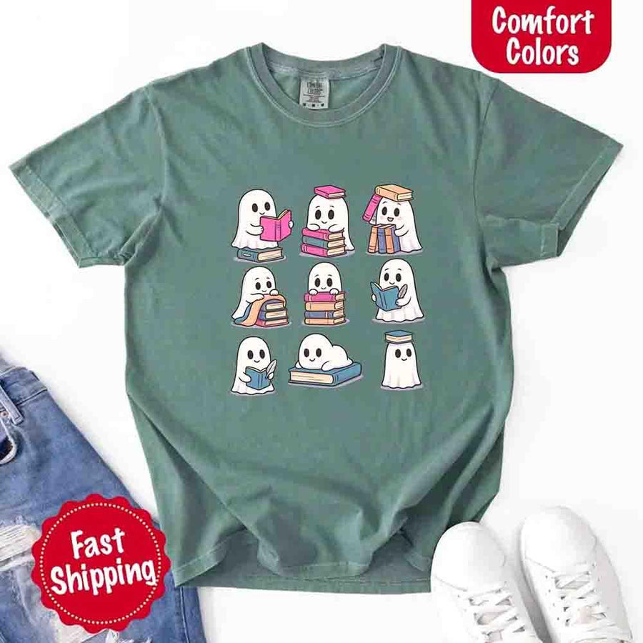May include cute ghost book lover design with kawaii ghosts reading books, stacking books, and sitting on colorful piles of books – spooky Halloween reading graphic tee.