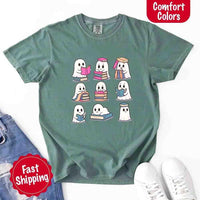 May include cute ghost book lover design with kawaii ghosts reading books, stacking books, and sitting on colorful piles of books – spooky Halloween reading graphic tee.