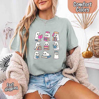 May include cute ghost book lover design with kawaii ghosts reading books, stacking books, and sitting on colorful piles of books – spooky Halloween reading graphic tee.