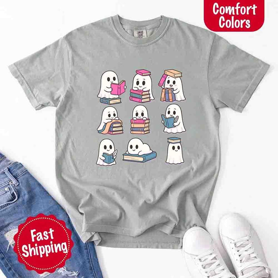 May include cute ghost book lover design with kawaii ghosts reading books, stacking books, and sitting on colorful piles of books – spooky Halloween reading graphic tee.