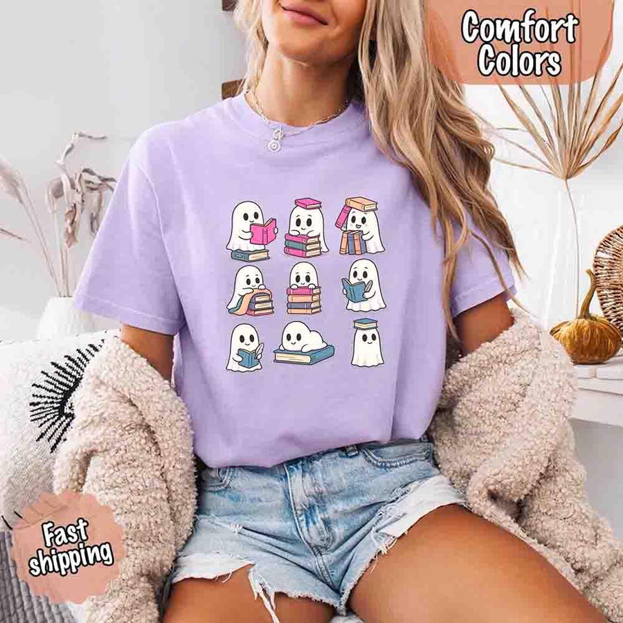 May include cute ghost book lover design with kawaii ghosts reading books, stacking books, and sitting on colorful piles of books – spooky Halloween reading graphic tee.