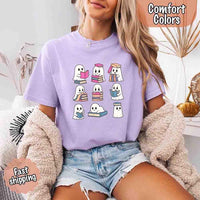 May include cute ghost book lover design with kawaii ghosts reading books, stacking books, and sitting on colorful piles of books – spooky Halloween reading graphic tee.