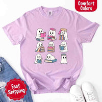 May include cute ghost book lover design with kawaii ghosts reading books, stacking books, and sitting on colorful piles of books – spooky Halloween reading graphic tee.