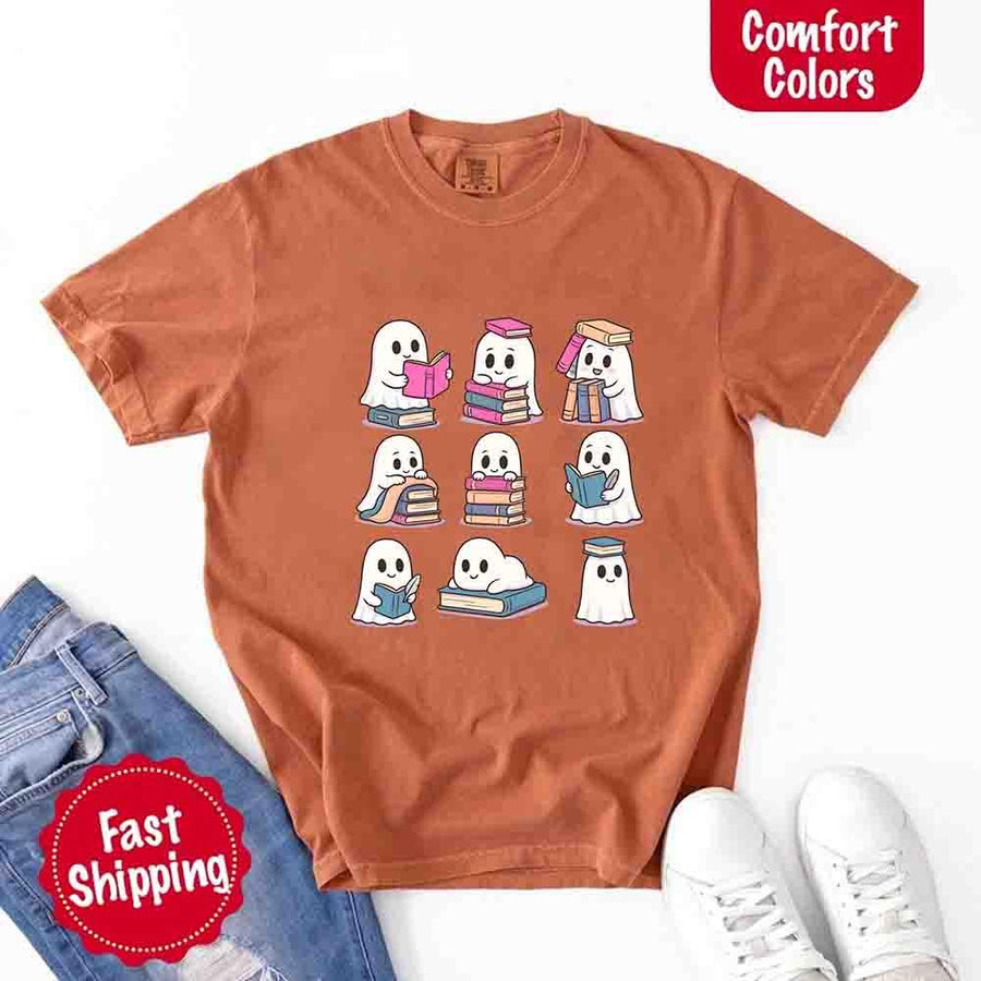 May include cute ghost book lover design with kawaii ghosts reading books, stacking books, and sitting on colorful piles of books – spooky Halloween reading graphic tee.