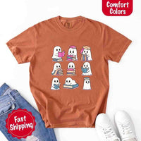 May include cute ghost book lover design with kawaii ghosts reading books, stacking books, and sitting on colorful piles of books – spooky Halloween reading graphic tee.