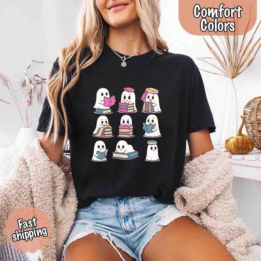 May include cute ghost book lover design with kawaii ghosts reading books, stacking books, and sitting on colorful piles of books – spooky Halloween reading graphic tee.