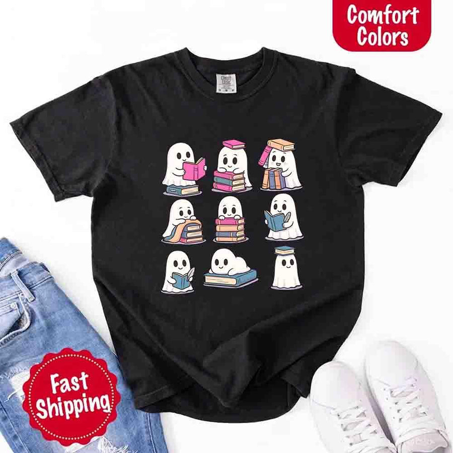 May include cute ghost book lover design with kawaii ghosts reading books, stacking books, and sitting on colorful piles of books – spooky Halloween reading graphic tee.