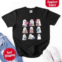 May include cute ghost book lover design with kawaii ghosts reading books, stacking books, and sitting on colorful piles of books – spooky Halloween reading graphic tee.