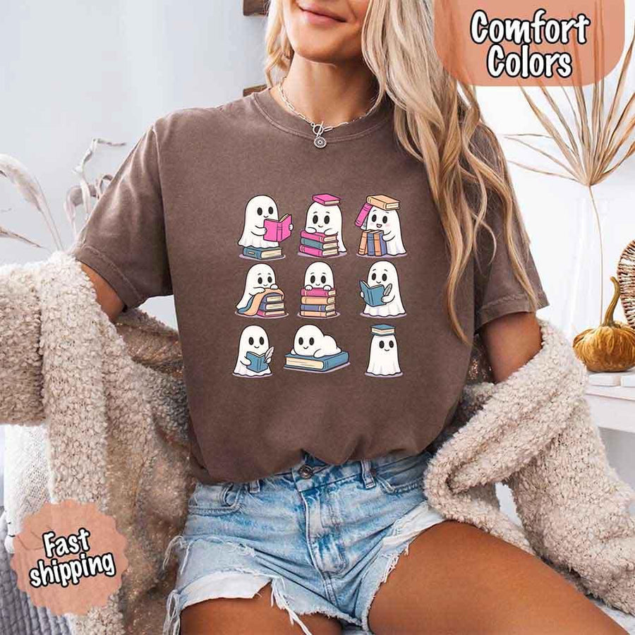 May include cute ghost book lover design with kawaii ghosts reading books, stacking books, and sitting on colorful piles of books – spooky Halloween reading graphic tee.