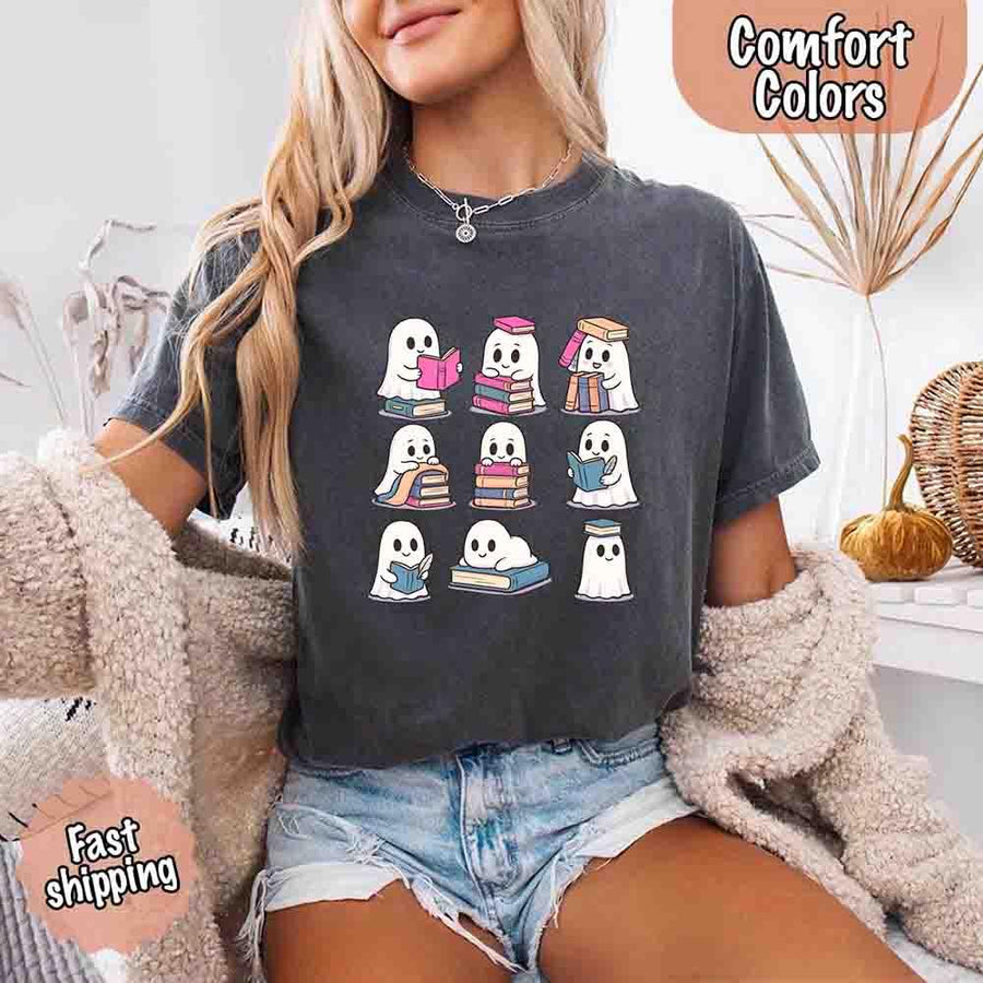 May include cute ghost book lover design with kawaii ghosts reading books, stacking books, and sitting on colorful piles of books – spooky Halloween reading graphic tee.