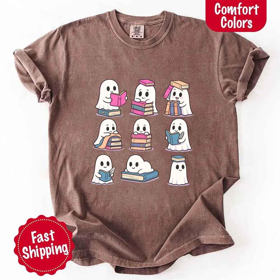 May include cute ghost book lover design with kawaii ghosts reading books, stacking books, and sitting on colorful piles of books – spooky Halloween reading graphic tee.