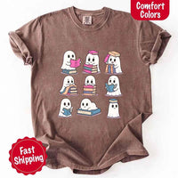 May include cute ghost book lover design with kawaii ghosts reading books, stacking books, and sitting on colorful piles of books – spooky Halloween reading graphic tee.