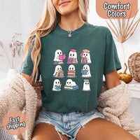 May include cute ghost book lover design with kawaii ghosts reading books, stacking books, and sitting on colorful piles of books – spooky Halloween reading graphic tee.
