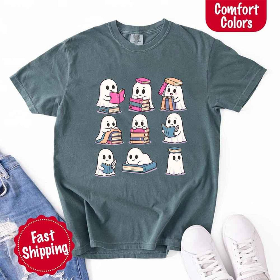 May include cute ghost book lover design with kawaii ghosts reading books, stacking books, and sitting on colorful piles of books – spooky Halloween reading graphic tee.