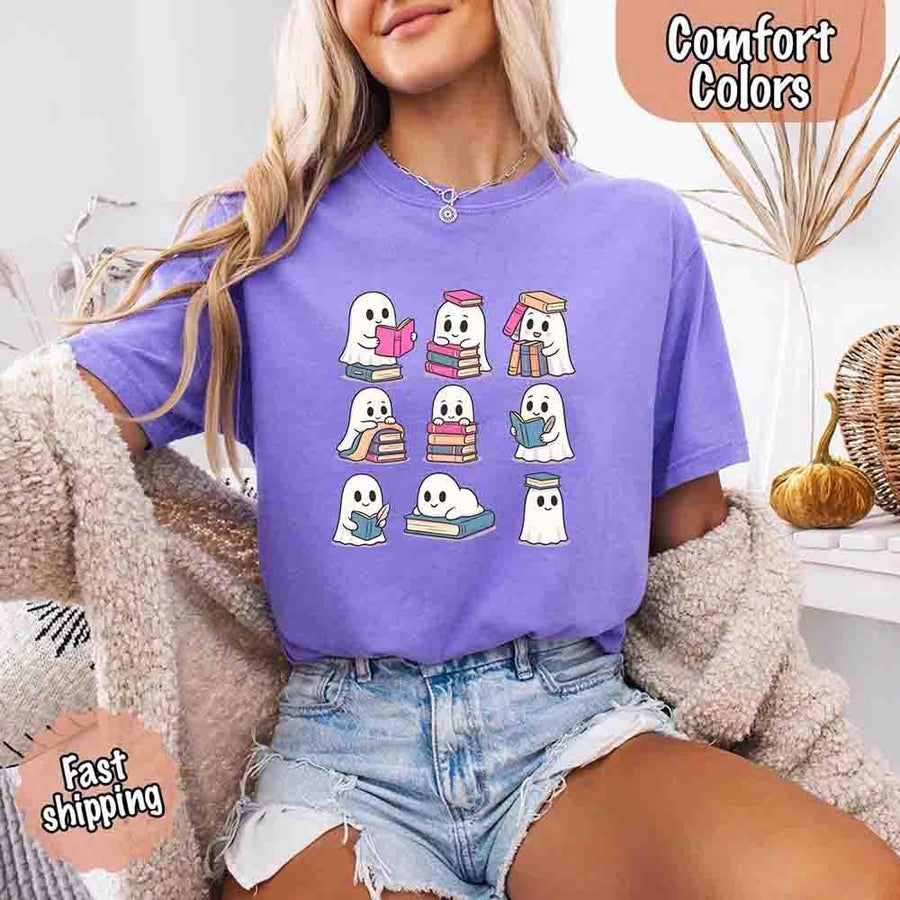 May include cute ghost book lover design with kawaii ghosts reading books, stacking books, and sitting on colorful piles of books – spooky Halloween reading graphic tee.