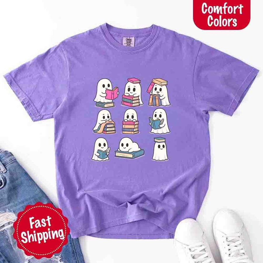 May include cute ghost book lover design with kawaii ghosts reading books, stacking books, and sitting on colorful piles of books – spooky Halloween reading graphic tee.
