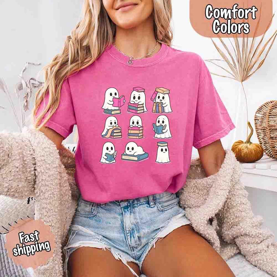 May include cute ghost book lover design with kawaii ghosts reading books, stacking books, and sitting on colorful piles of books – spooky Halloween reading graphic tee.