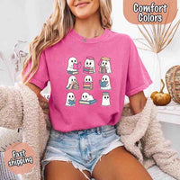May include cute ghost book lover design with kawaii ghosts reading books, stacking books, and sitting on colorful piles of books – spooky Halloween reading graphic tee.