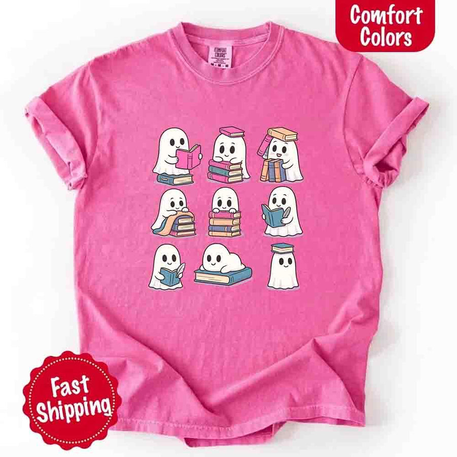 May include cute ghost book lover design with kawaii ghosts reading books, stacking books, and sitting on colorful piles of books – spooky Halloween reading graphic tee.