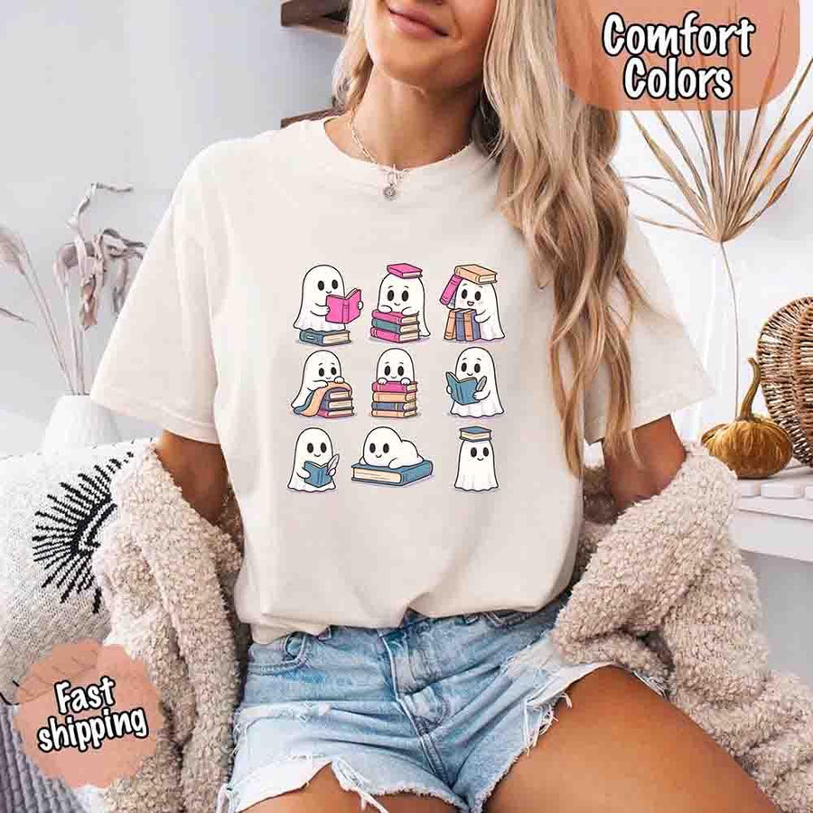 May include cute ghost book lover design with kawaii ghosts reading books, stacking books, and sitting on colorful piles of books – spooky Halloween reading graphic tee.