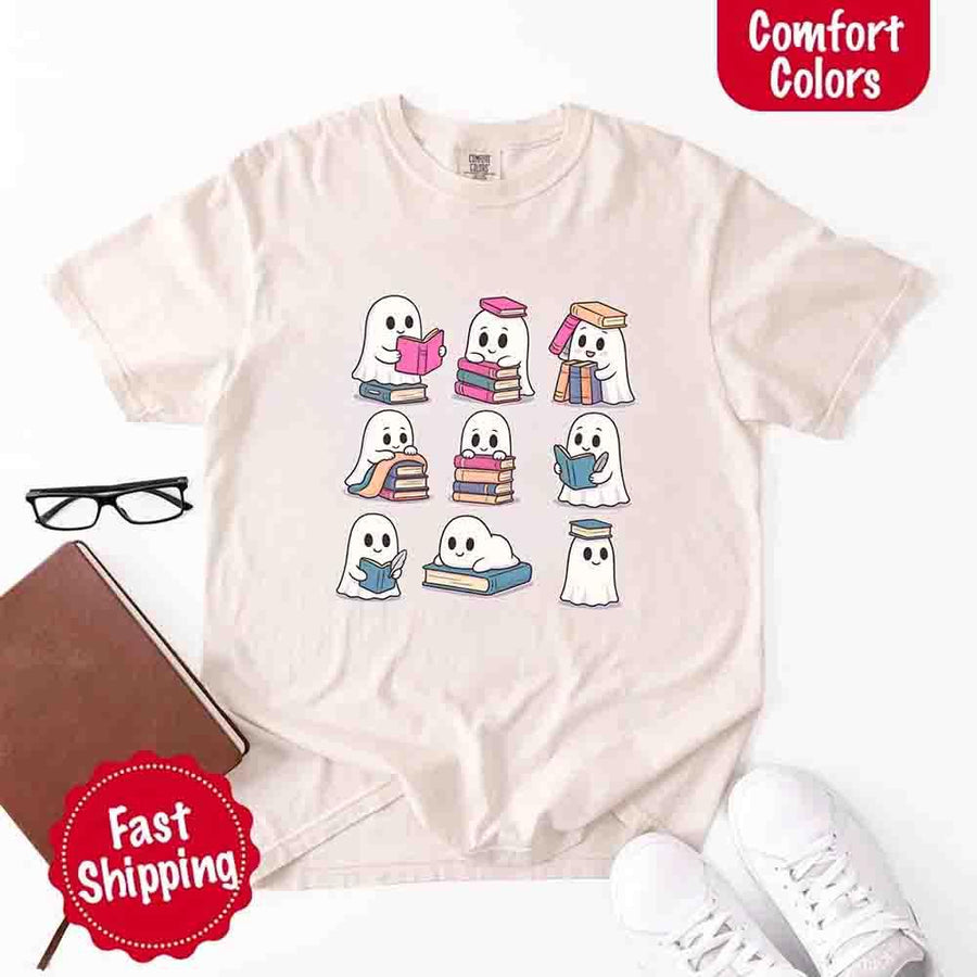 May include cute ghost book lover design with kawaii ghosts reading books, stacking books, and sitting on colorful piles of books – spooky Halloween reading graphic tee.