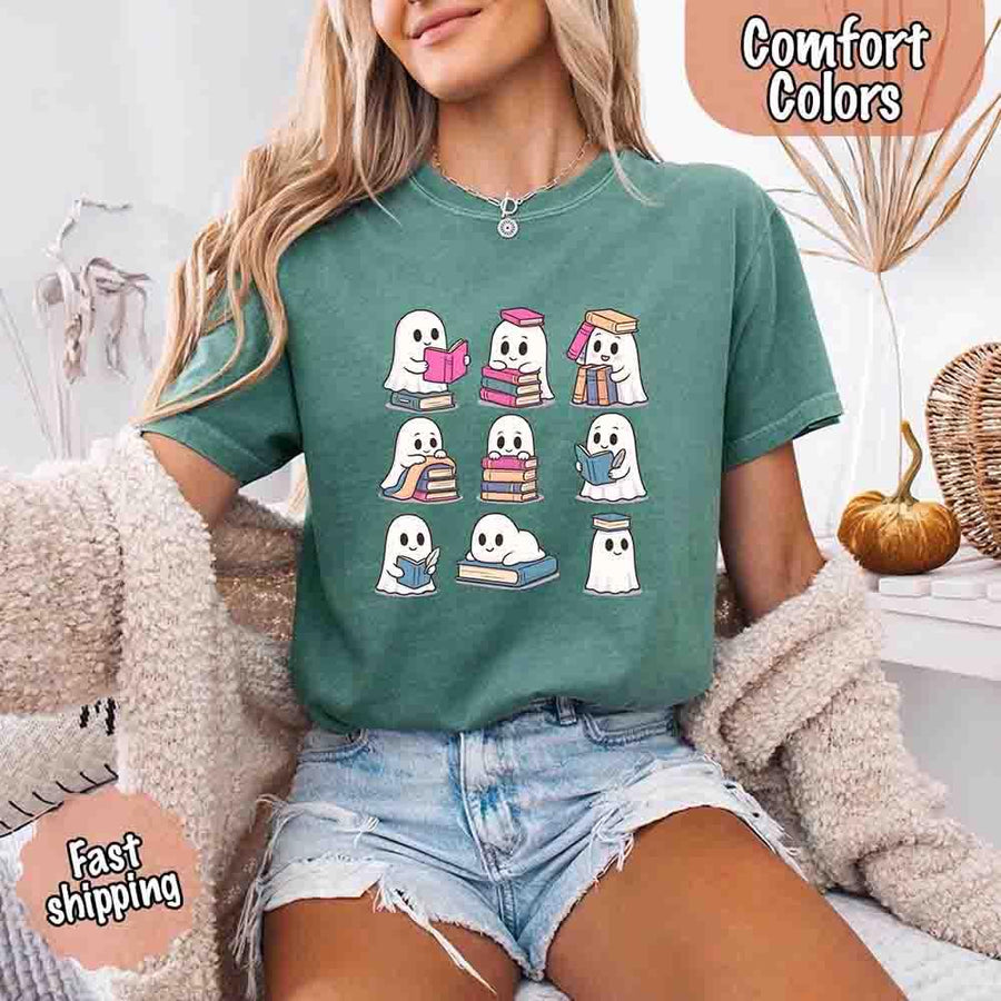 May include cute ghost book lover design with kawaii ghosts reading books, stacking books, and sitting on colorful piles of books – spooky Halloween reading graphic tee.