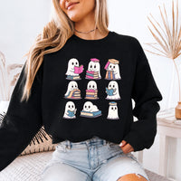 May include Ghost Reading Halloween crewneck sweatshirt with cute ghost reading a book graphic and classic unisex fleece fit