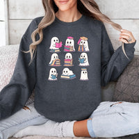 May include Ghost Reading Halloween crewneck sweatshirt with cute ghost reading a book graphic and classic unisex fleece fit