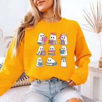 May include Ghost Reading Halloween crewneck sweatshirt with cute ghost reading a book graphic and classic unisex fleece fit
