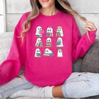 May include Ghost Reading Halloween crewneck sweatshirt with cute ghost reading a book graphic and classic unisex fleece fit