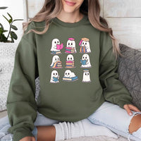 May include Ghost Reading Halloween crewneck sweatshirt with cute ghost reading a book graphic and classic unisex fleece fit