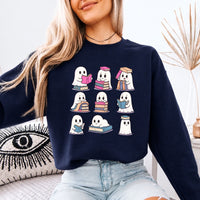 May include Ghost Reading Halloween crewneck sweatshirt with cute ghost reading a book graphic and classic unisex fleece fit