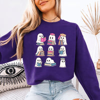 May include Ghost Reading Halloween crewneck sweatshirt with cute ghost reading a book graphic and classic unisex fleece fit