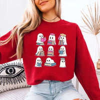 May include Ghost Reading Halloween crewneck sweatshirt with cute ghost reading a book graphic and classic unisex fleece fit