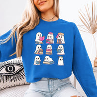 May include Ghost Reading Halloween crewneck sweatshirt with cute ghost reading a book graphic and classic unisex fleece fit