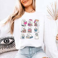 May include Ghost Reading Halloween crewneck sweatshirt with cute ghost reading a book graphic and classic unisex fleece fit