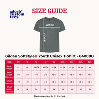 May include a size chart for a Gildan Softstyle youth unisex t-shirt with sizing measurements from XS to 5XL.