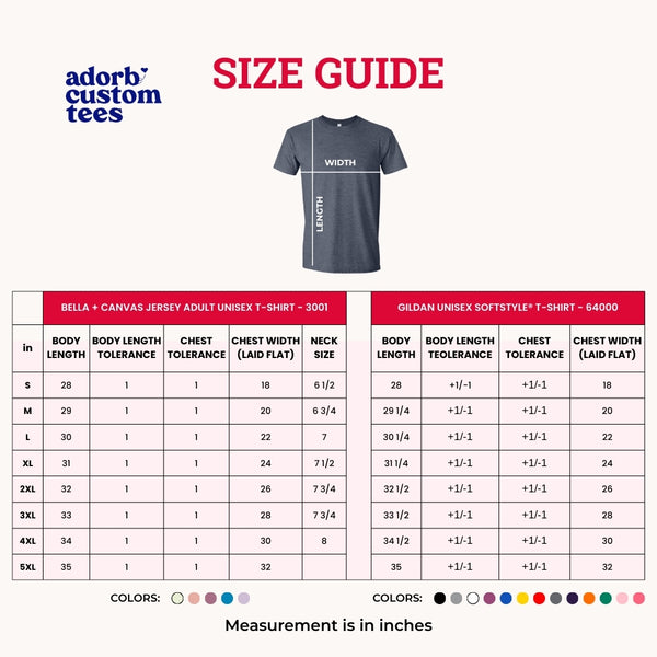 May include a size chart graphic showing shirt measurements and sizing from S to 5XL in inches.