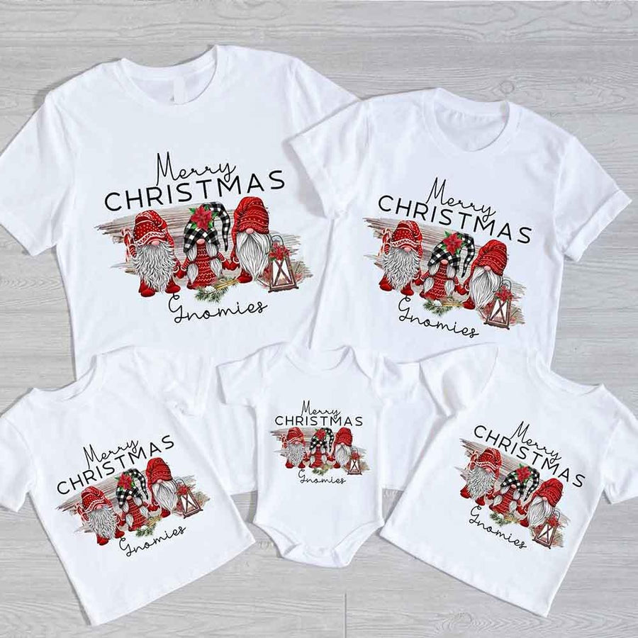 May include a Christmas baby onesie featuring a cheerful gnome family design.
