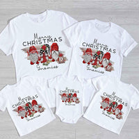 May include a Christmas baby onesie featuring a cheerful gnome family design.