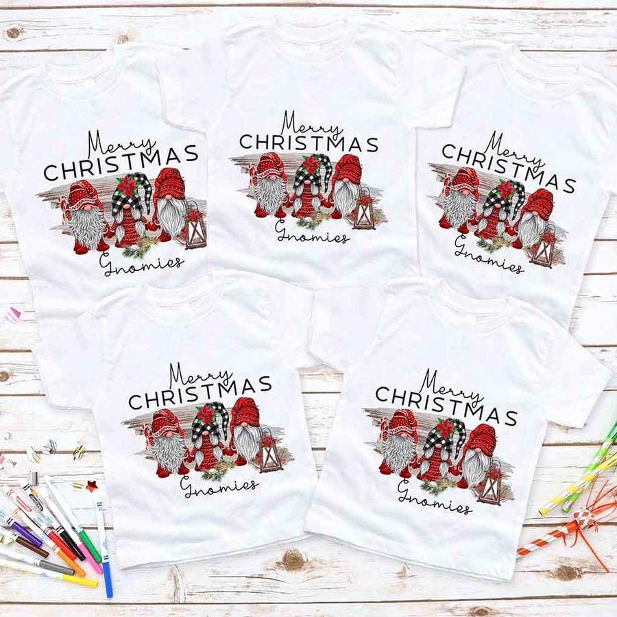 May include a Christmas baby onesie featuring a cheerful gnome family design.