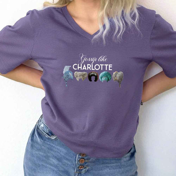 May include Gossip Like Charlotte Wigs v-neck tee with Regency romance BookTok graphic and relaxed fit design