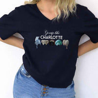 May include Gossip Like Charlotte Wigs v-neck tee with Regency romance BookTok graphic and relaxed fit design