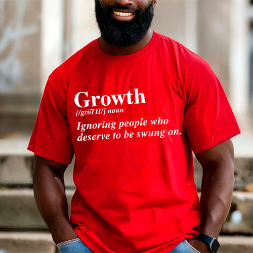 May include a unisex graphic t-shirt featuring the word “Growth” presented as a dictionary-style definition, paired with clean typography and an uplifting message that emphasizes progress, learning, and personal development.