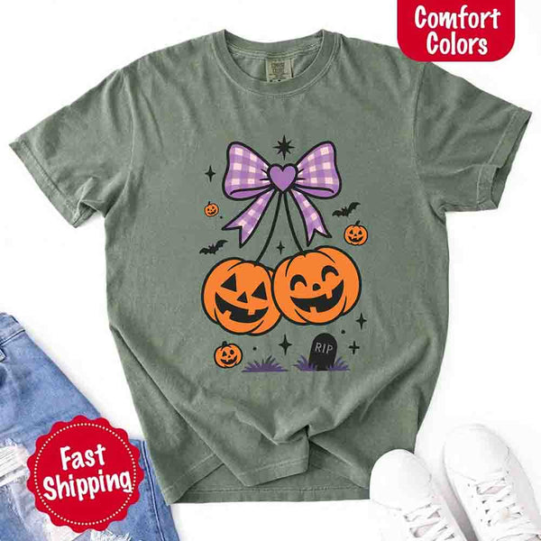 May include Halloween cherries graphic with two jack-o’-lantern pumpkins tied by a purple plaid bow, surrounded by bats, stars, and gravestone – cute spooky shirt design.